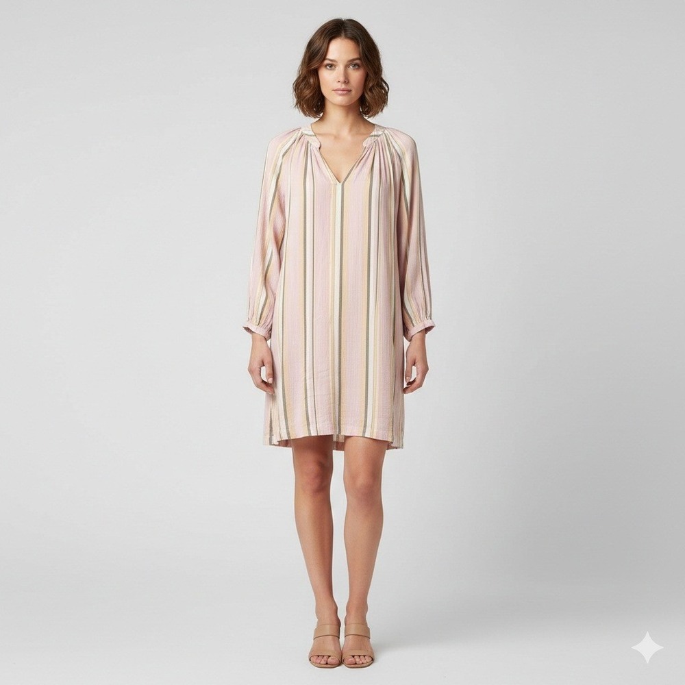 Xirena Sabrine Pink Striped Cotton Gauze V-Neck Mini Dress Long Sleeve Sz Small